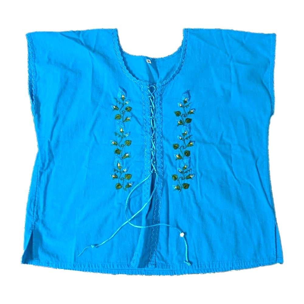 Turquoise Blue Embroidered Floral Lace Up Kaftan Tunic Top Size 36 Boho S/M